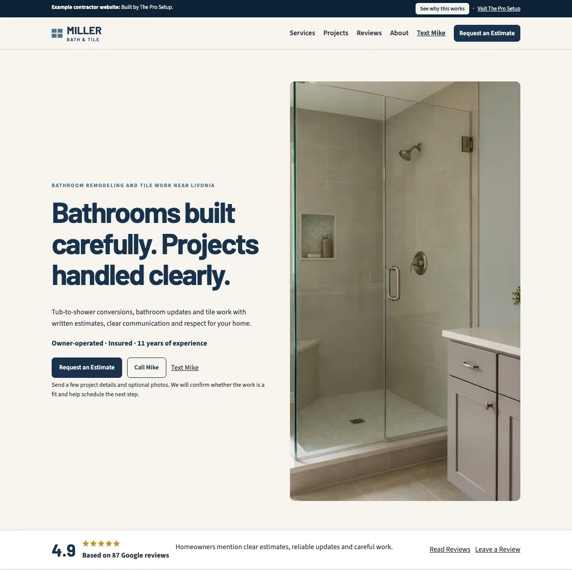 Miller Bath & Tile fictional contractor website example