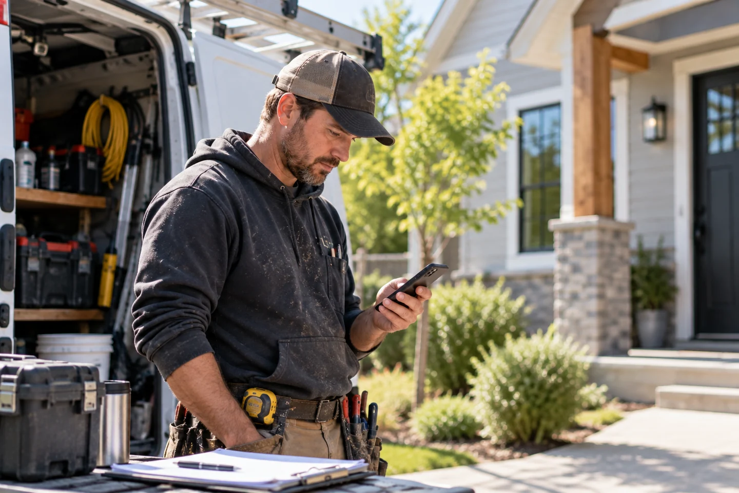 Tradesman checking his phone beside an open work van at a residential jobsite